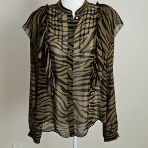 Veronica Beard Camilla Sheer Zebra Ruffled Silk Blouse Olive SZ6 Pintuck Sleeves